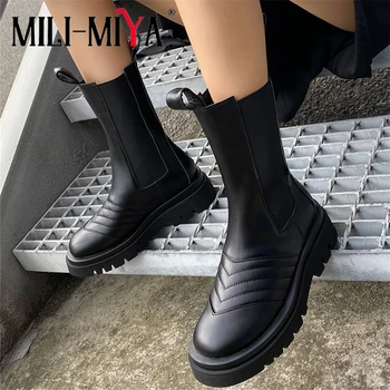 MILI-MIYA Brand de Moda de Design Slip-On pentru Femei Piele de Vaca de la Jumătatea Vițel Cizme cu Tocuri Platforma Impermeabil Martin Pantofi Mărimea 34-40