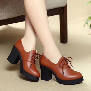 Noi Femeile Pompe de Pantofi din Piele Subliniat Toe Dantela-Up 8cm & 5 cm Toc Gros Superficial Solid Casual Pantofi de sex Feminin, Plus Dimensiune