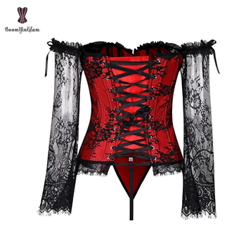 Roșu negru Femei Sexy Gotic Victorian Corset Vintage Lace Up Bustiera Cu Dantelă Florale Mâneci Lungi