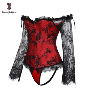 Roșu negru Femei Sexy Gotic Victorian Corset Vintage Lace Up Bustiera Cu Dantelă Florale Mâneci Lungi