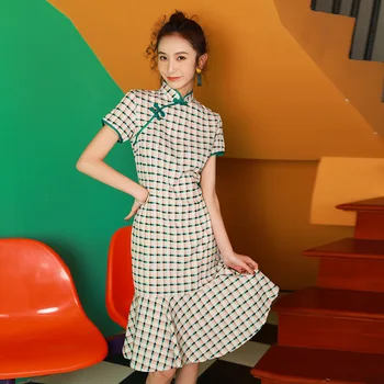 2020 Nouă Vară Fierbinte Stil Chinezesc Tineri Îmbunătățit Cheongsam Fete De Moda Elevii Carouri Rochie Coadă De Pește Rochie Qipao