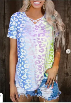 Curcubeu Gradient Maneca Scurta Femei T-shirt de Vară 2020 Noi V-neck Print Plus Dimensiune Topuri Tricouri Tricouri Lejere Casual Femei T shirt