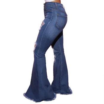 Wjustforu Sexy Moda Gaură Stretch Se Potrivesc Slim Blugi Evazate Pantaloni Femei Casual Retro Mijlocul Talie Blugi De Culoare Albastru Închis