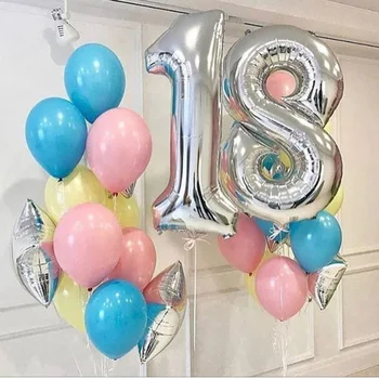 Fericit Petrecerea de 18 ani Baloane cu Aer Heliu Argint Număr de 18 Balon cu Cifre de culoare Roz, Albastru Baloane Latex Decoratiuni Ziua de nastere