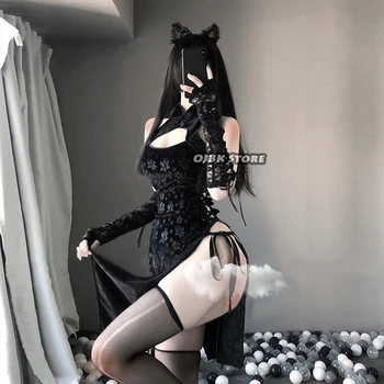 Paloli Negru Cheongsam Sexy Costum Cosplay Anime Erotice Doamnelor Rochie Babydoll Femei Dantelă Diavolul Fantezie Slim Fit Deschide Piept Tinuta