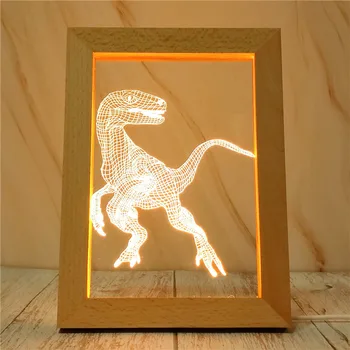 Dinozaur 3D Cerb Bufnita Rama Foto cu LED Lumina de Noapte Birou din Lemn Decor de Masă cu Cablu USB Acrilice Plat Copiii Cadou de Crăciun