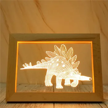 Dinozaur 3D Cerb Bufnita Rama Foto cu LED Lumina de Noapte Birou din Lemn Decor de Masă cu Cablu USB Acrilice Plat Copiii Cadou de Crăciun