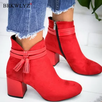 2020 Ciucure Roșu Glezna Pantofi Femei Pantofi Singur Cizme Toamna Iarna a Subliniat Deget de la picior Gros, Cu Cizme Scurte