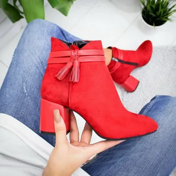 2020 Ciucure Roșu Glezna Pantofi Femei Pantofi Singur Cizme Toamna Iarna a Subliniat Deget de la picior Gros, Cu Cizme Scurte