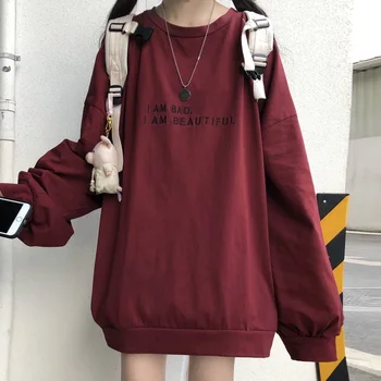 Harajuku subțire Tricou Femei Hanorace Pulover Supradimensionat Casual cu Maneca Lunga Top lung scrisoarea imprimate hanorac negru sweatwear