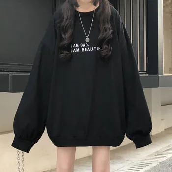 Harajuku subțire Tricou Femei Hanorace Pulover Supradimensionat Casual cu Maneca Lunga Top lung scrisoarea imprimate hanorac negru sweatwear