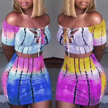 Sexy Bodycon femeii Două Piese Rochie 2018 Noua Moda plin de culoare de Imprimare Bandaj Tubular Cultură de Sus și de Înaltă Talie Rochie Tinuta Clubwear2XL